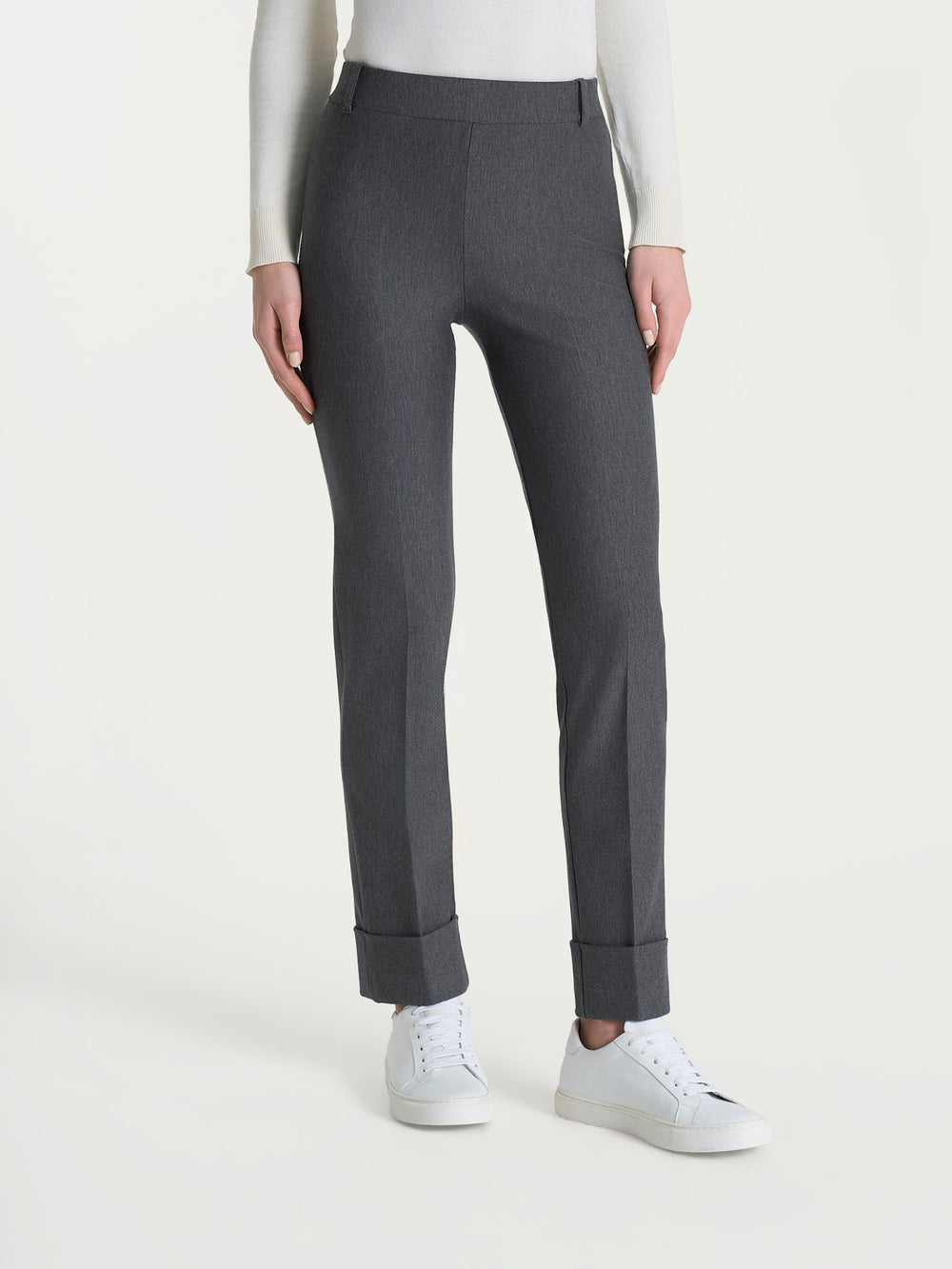 Ragno - Pantalone grigio slim dritto in Compact, vita elasticizzata, con passanti, senza tasche, sul fondo risvolto fisso