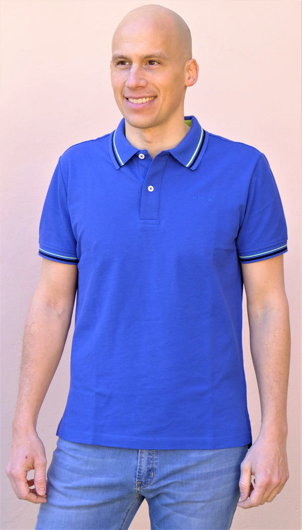 Geox - Polo piquet blu royal, collo e maniche con profili flou - shopmonicamoda