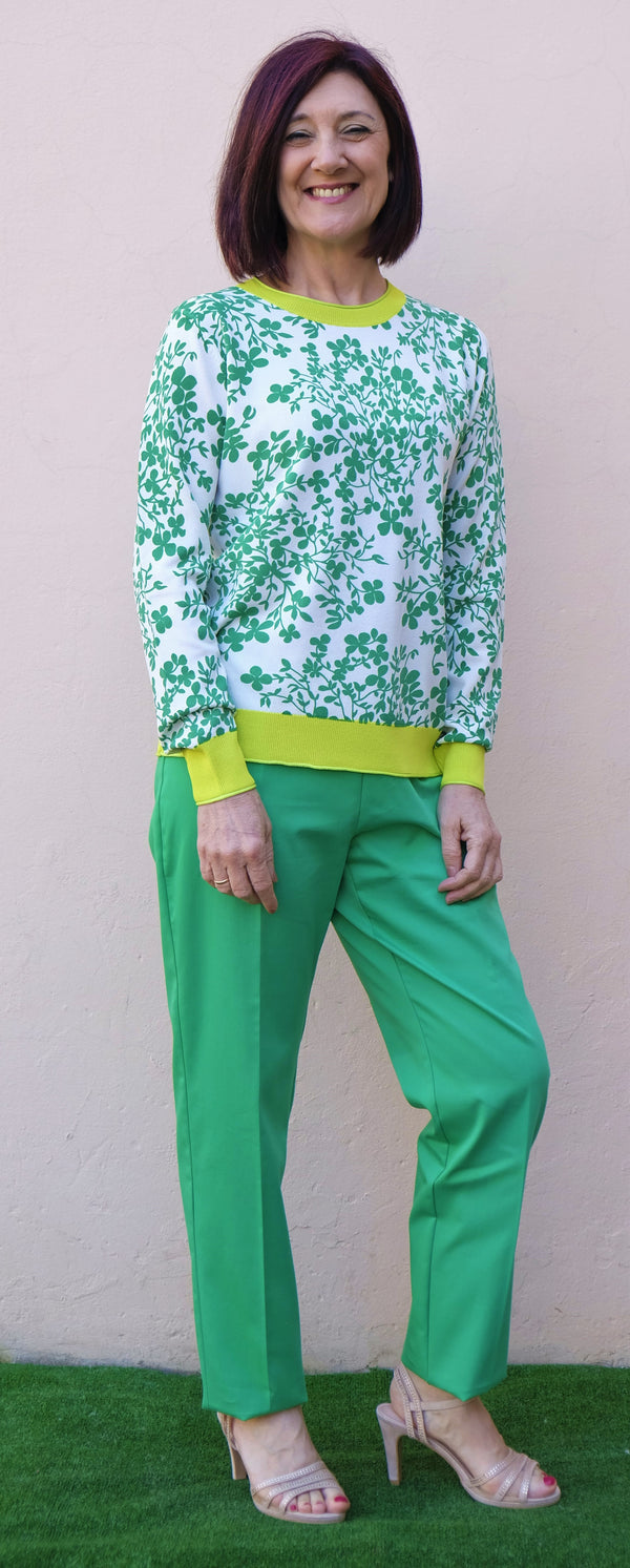 Diana Gallesi - Maglia viscosa maniche lunghe, girocollo profilo a canete' verde acido, stampa a fiore - shopmonicamoda