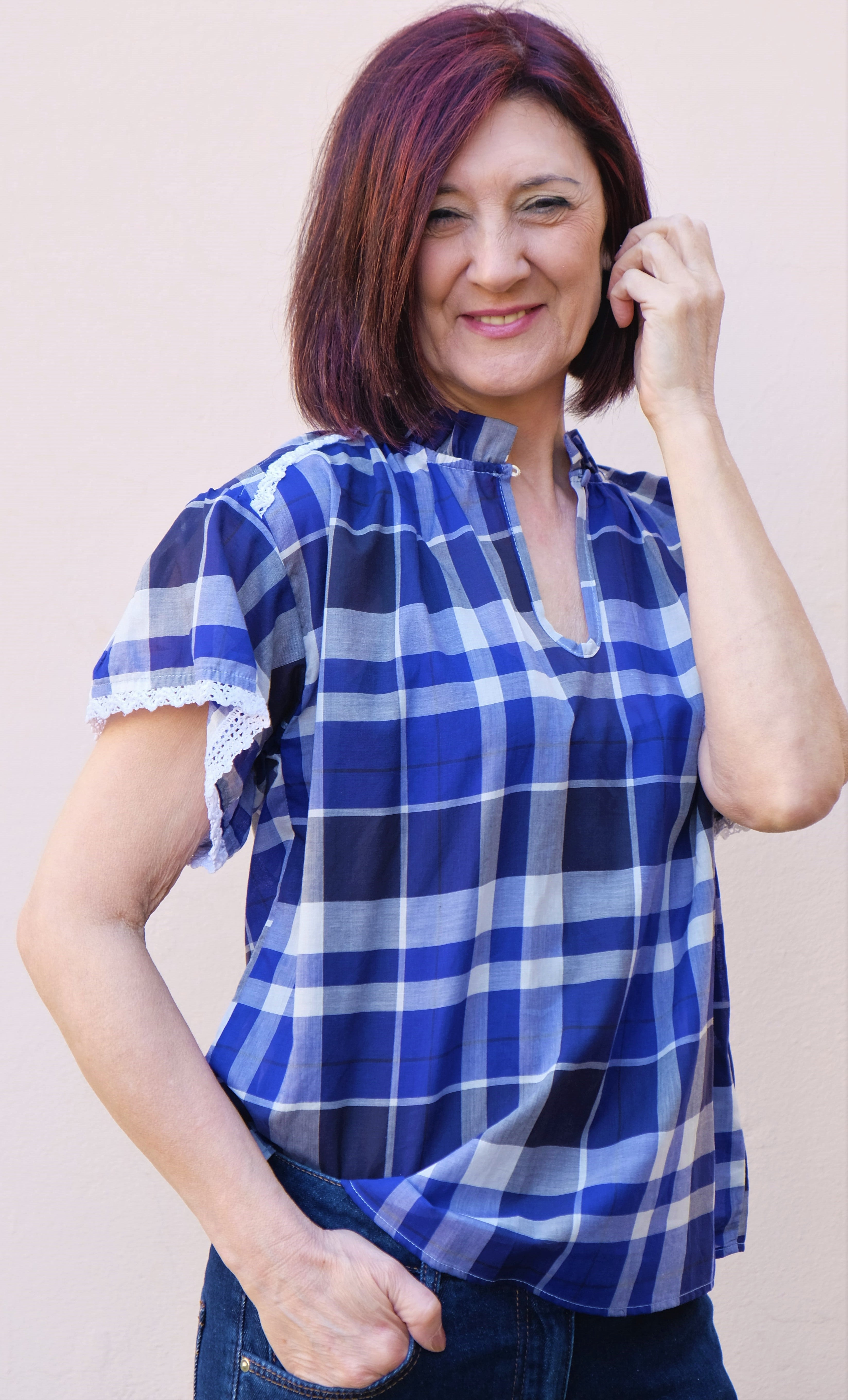 Giulia Valli - Camicia quadri, collo coreana, manica con aletta - shopmonicamoda