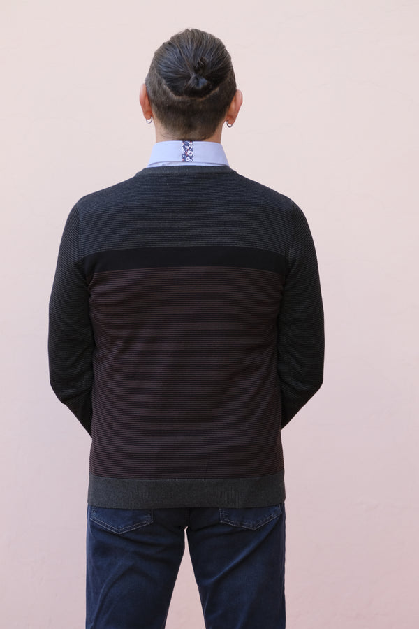 Nerovago - Girocollo riga tono su tono nero e marrone - shopmonicamoda