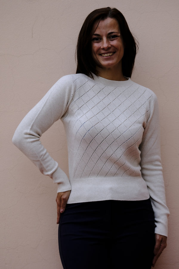 Linea Cinque - Maglia pura lana, girocollo, color gesso.