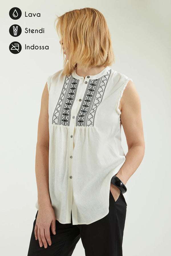 Luisa Viola - Camicia panna ricamata, girocollo, giromanica con frangette,spacchi laterali - shopmonicamoda