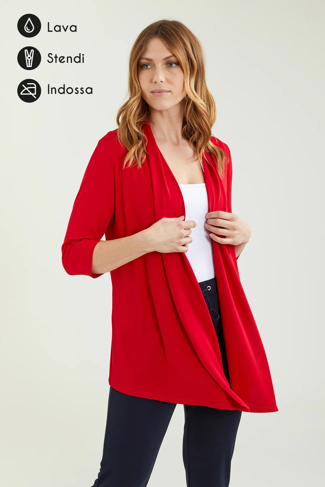 Luisa Viola - Cardigan rosso jersey fluido, linea svasata, scollo sciallato, manica tre quarti