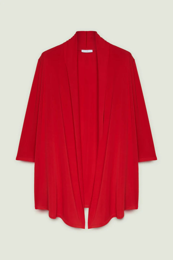 Luisa Viola - Cardigan rosso jersey fluido, linea svasata, scollo sciallato, manica tre quarti.