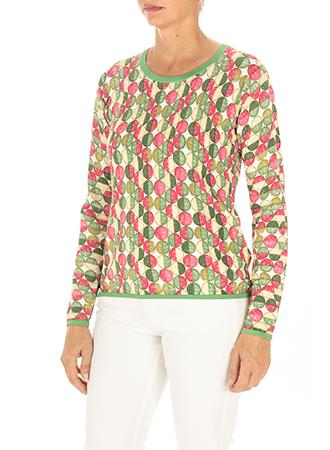 Diana Gallesi - Maglia viscosa pois verde e fucsia, girocollo, maniche e fondo con profilo a contrasto verde.