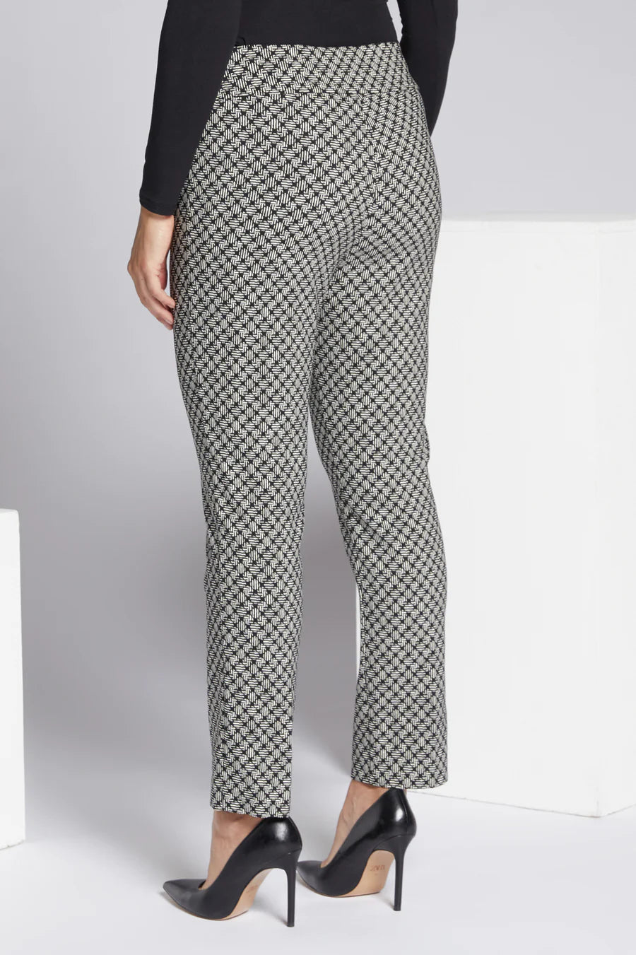Luisa Viola - Pantalone jacquard disegno bianco e nero, giro vita senza cerniera,estendibile - shopmonicamoda
