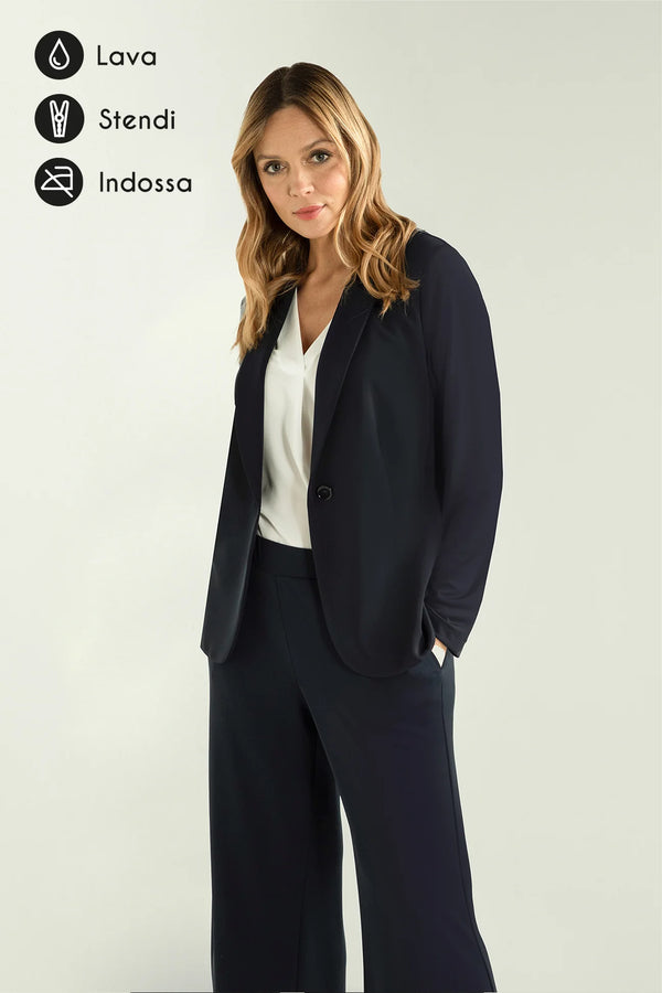 Luisa Viola - Giacca blu in jersey elasticizzato, linea sciancrata, chiusura con bottone, sfoderata.