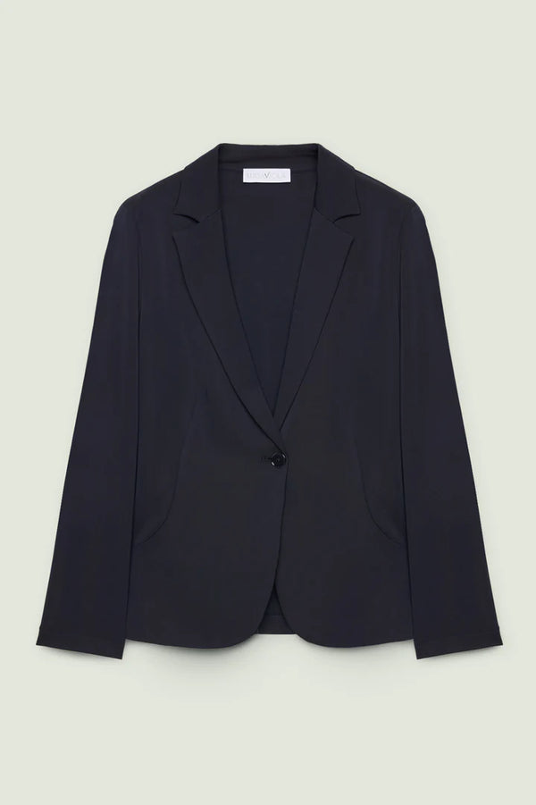 Luisa Viola - Giacca blu in jersey elasticizzato, linea sciancrata, chiusura con bottone, sfoderata.