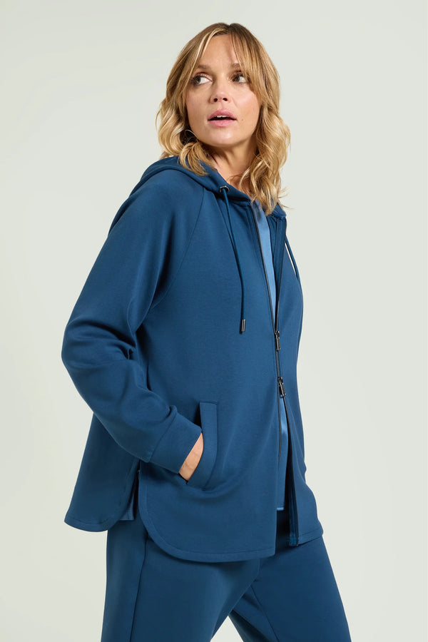 Luisa Viola - Felpa in jersey scuba con cappuccio color blu pavone.