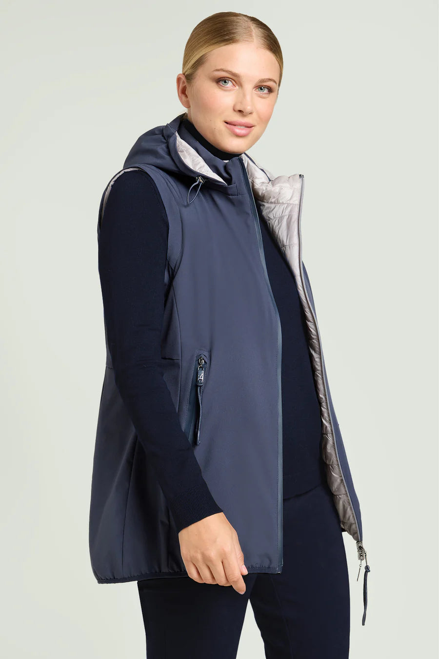 Luisa Viola - Piumino 4 in 1, double face, con cappuccio e maniche staccabili, tessuto tecnico.