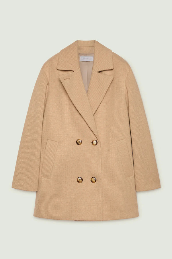 Luisa Viola - Giaccone doppiopetto in tessuto diagonale. linea dritta, chiusura con bottoni, tasche inclinate, foderato.