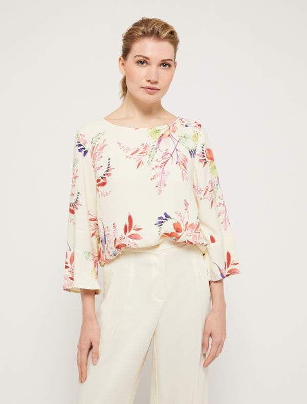 Pennyblack - Blusa di viscosa stampata, scollo a barchetta, maniche tre quarti con volant al fondo - shopmonicamoda