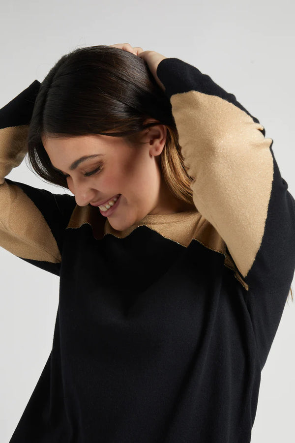 Luisa Viola - Maglia girocollo con intarsio nera e oro - shopmonicamoda