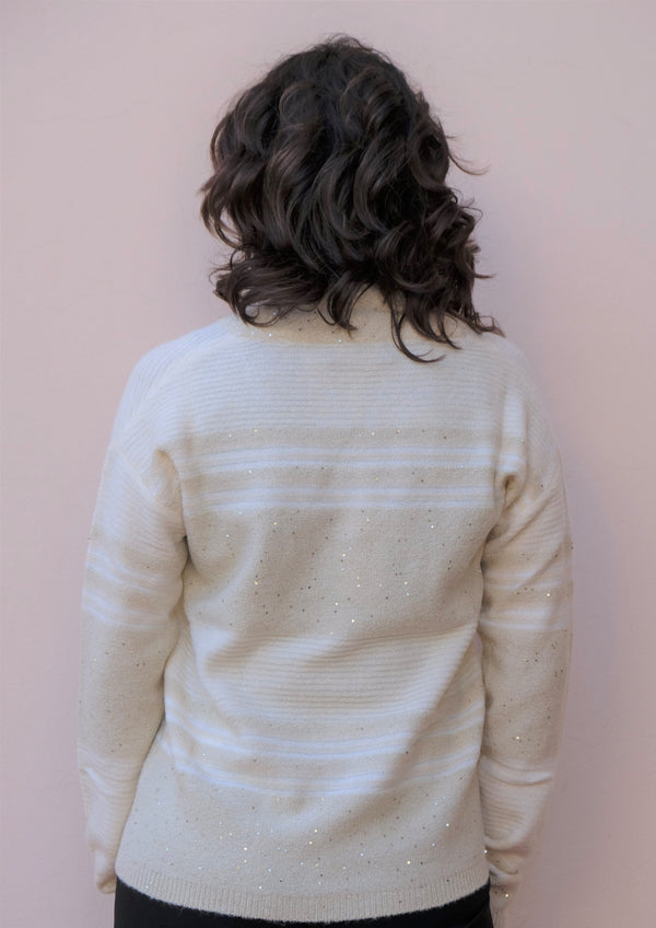 Giulia Valli - Maglia scollo a V a righe tono su tono oro e sabbia, inserti di paiette - shopmonicamoda