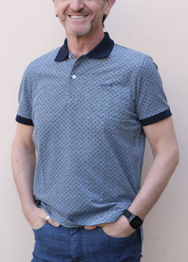 Geox - Polo disegno cashmere, colletto piatto, collo e profilo della manica blu in contrasto - shopmonicamoda