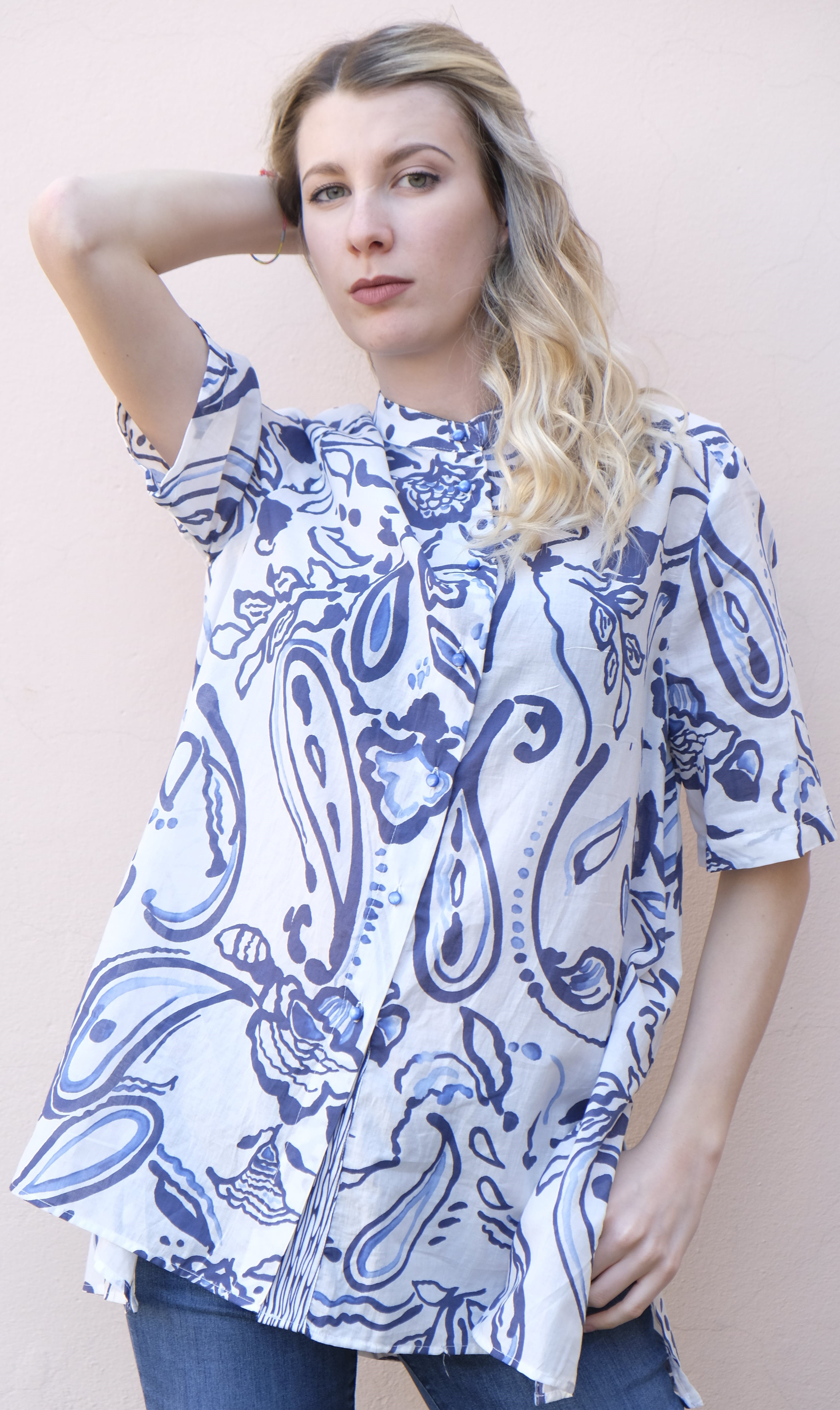 Diana Gallesi - Camicia collo a coreana, puro cotone con disegno cashmere - shopmonicamoda